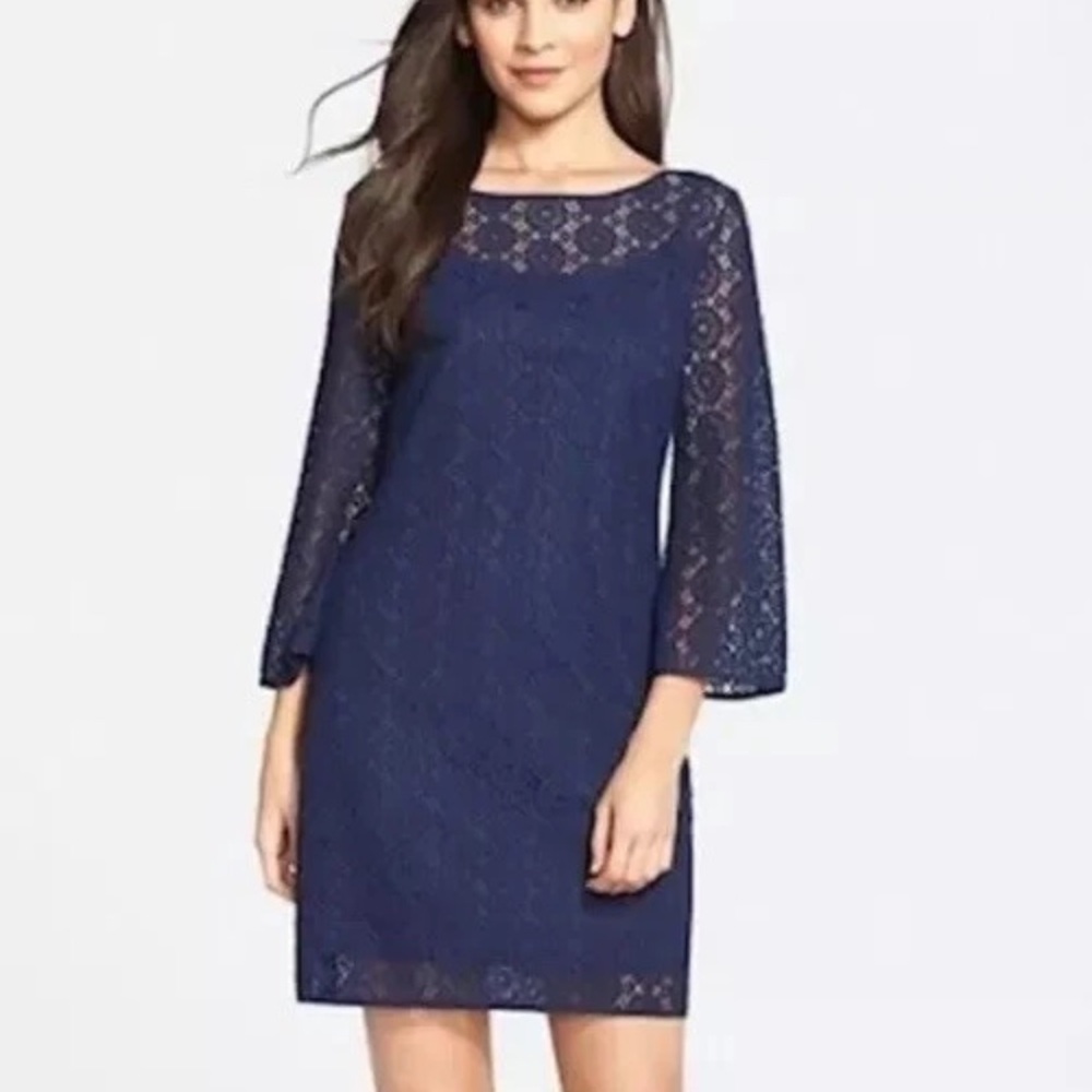 Lilly Pulitzer Topanga True Navy Blue Breakers Lace Dress Medium Bell Sleeves - Picture 3 of 13